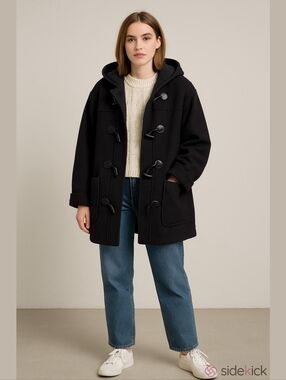 Retro 90's Hooded Navy Wool and Tartan Fishermancore Coat with Toggle Closures